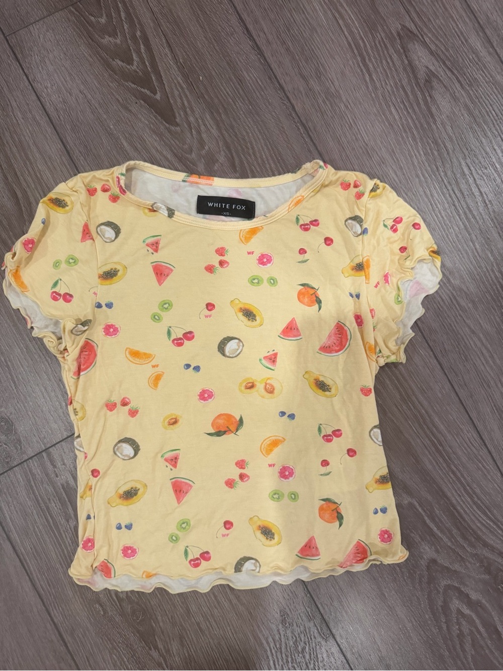 White Fox Yellow Fruit Print Ruffle Tee